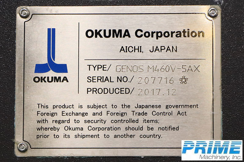 2017 OKUMA GENOS M460V-5AX MACHINING CENTERS, VERICAL (5-Axis or More) | Prime Machinery