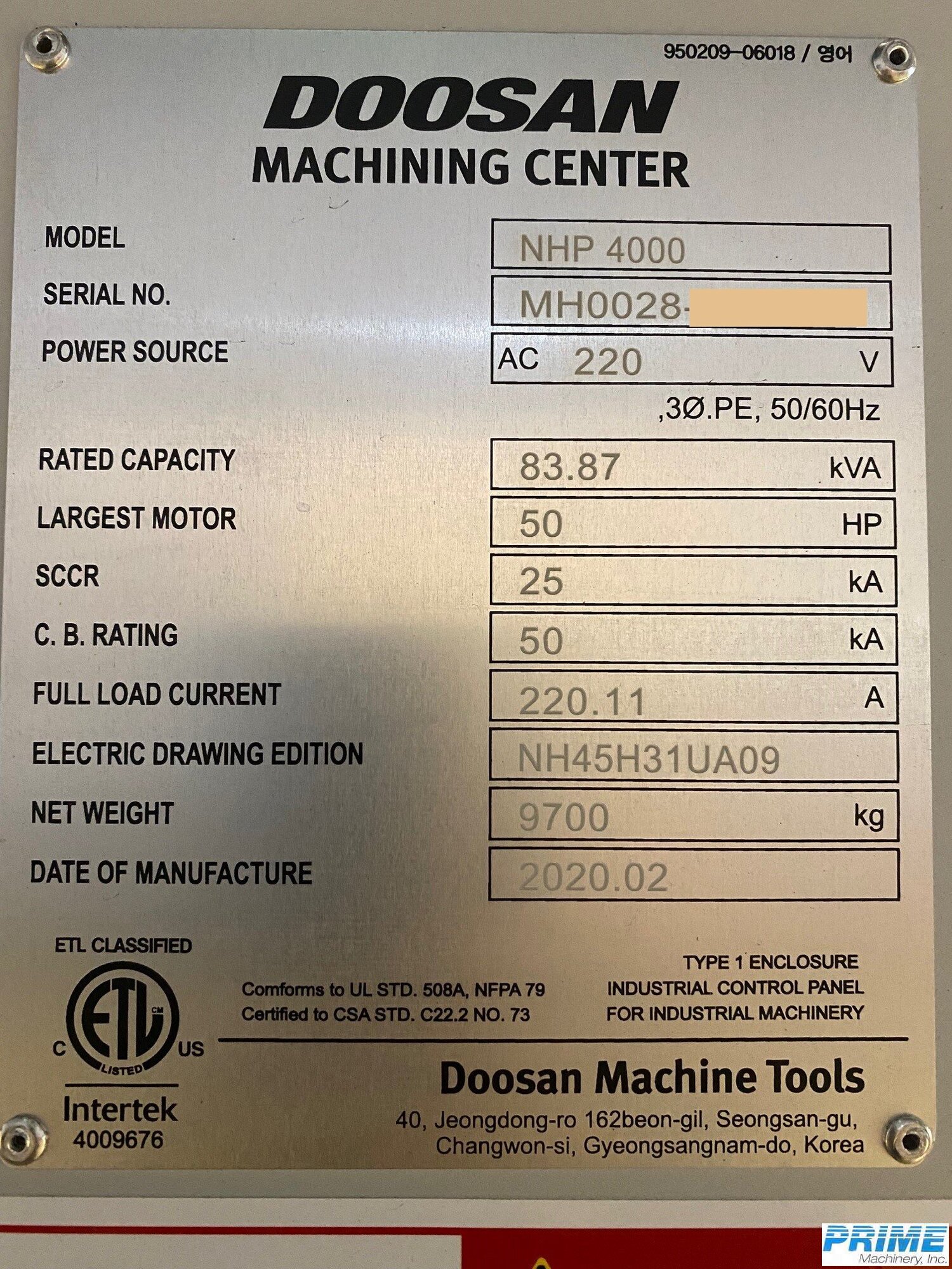 2020 DOOSAN NHP 4000 MACHINING CENTERS,HORIZ,N/C & CNC(Incl.Pallet Changers) | Prime Machinery