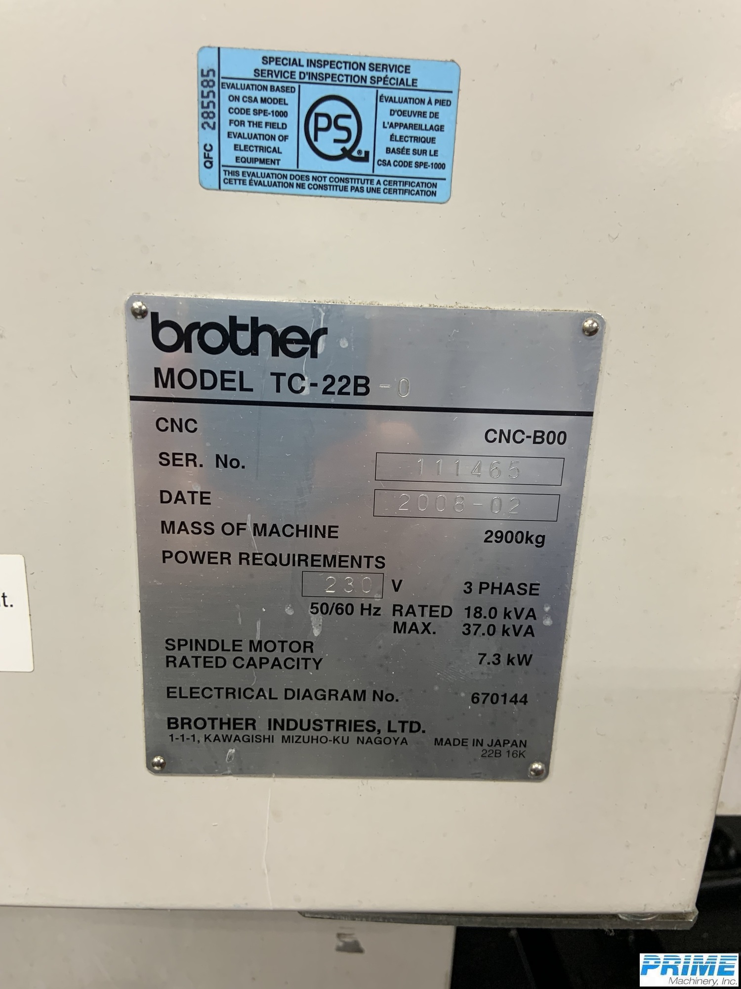 2008 BROTHER TC-22B-0 MACHINING CENTERS, VERT., N/C & CNC | Prime Machinery