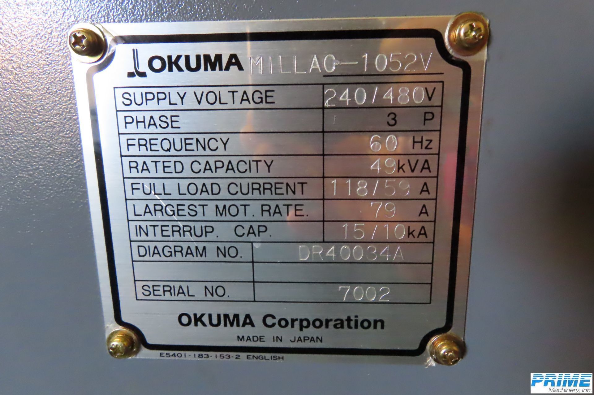 2007 OKUMA MILLAC 1052V MACHINING CENTERS, VERT., N/C & CNC | Prime Machinery