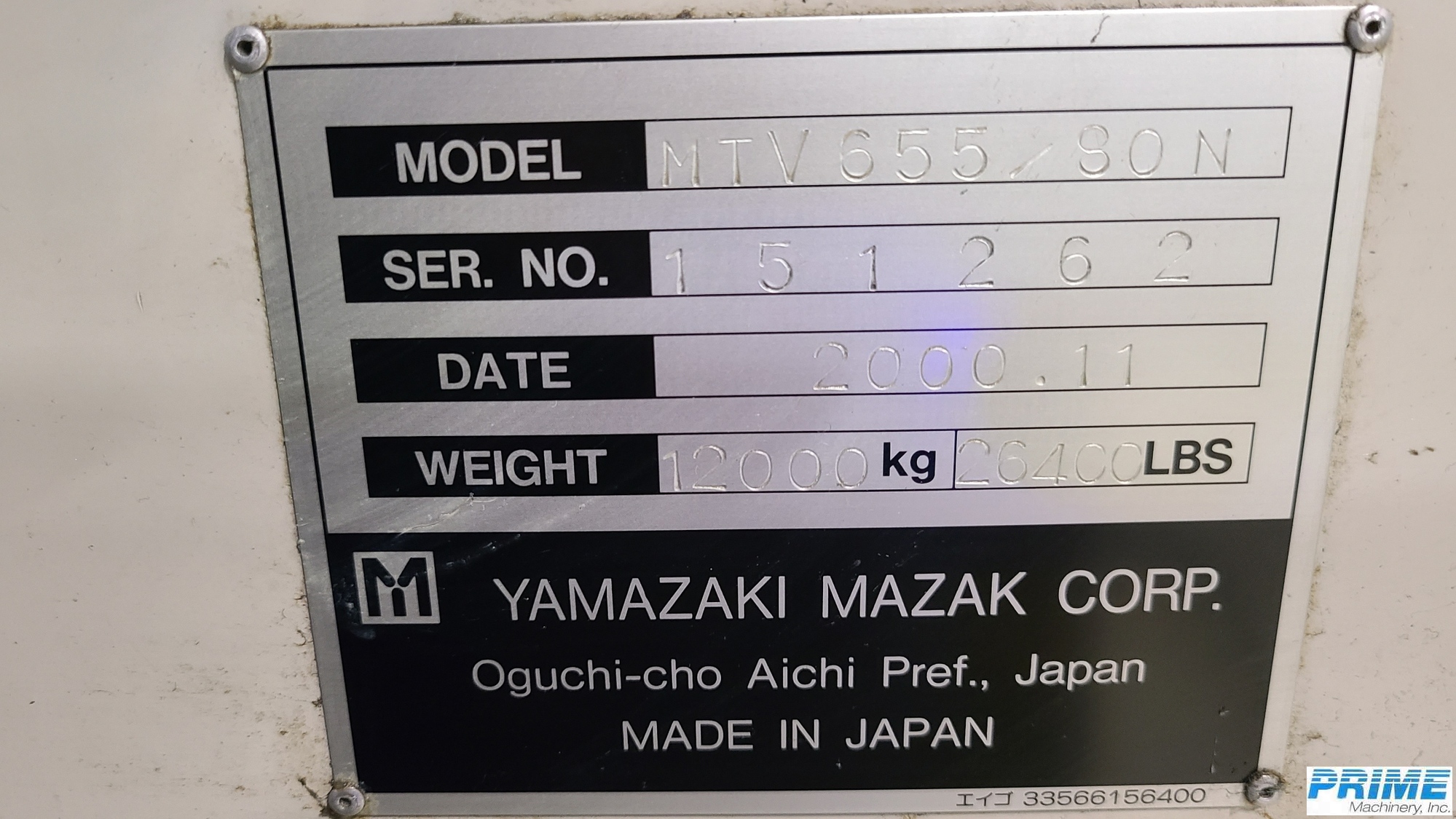 2000 MAZAK MTV-655/80N MACHINING CENTERS, VERT., N/C & CNC | Prime Machinery